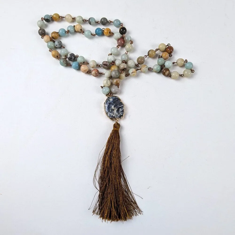 Long Beaded Natural Stone Gold Tassel Necklace - Picture 2 of 7